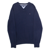 TOMMY HILFIGER Womens Jumper Blue V-Neck Tight Knit M