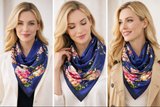 Anyyou Fashion Premium Satin Square Scarf –Floral Blue Print Silk-Feel Neckwrap for Women
