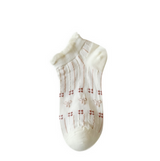 Anyfootwear 5 Pairs One Size 35-40 Women's Invisible Boat Socks Cherry Ribbon Print Cotton Ankle Socks Summer Breathable Short No Show Socks