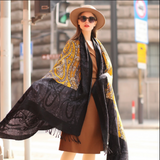 Anyyou 100% Merino Wool Black-Yellow Silk Satin Large Winter Scarf Pashmina Shawl Bandana Perfect For Women Ladies Fashion Style