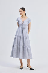 Maxi Tiered Dress with Front-ties in Linen Stripes