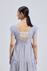 Maxi Tiered Dress with Front-ties in Linen Stripes