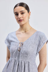 Maxi Tiered Dress with Front-ties in Linen Stripes