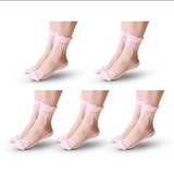 Anyfootwear 5 Pairs Size 5-9 Fashion Socks Summer Lace Embroidery Breathable Silk Transparent Glass Crystal Stretch for Women Pink