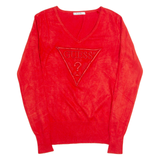 GUESS Womens Jumper Red V-Neck Tight Knit S
