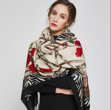 Anyyou 100% Pure Merino Wool Beige Rose Pattern Stylish Poncho Winter Large Scarf With Trendy Pashmina Shawl Bandana For Womenfashion Design