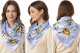 Anyyou Fashion Premium Satin Square Scarf – Fresh Daisy Blue Silk-Feel Neckwrap for Women