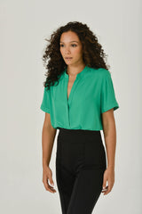 Emerald Green Split-Neck Short Sleeve Top
