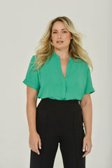 Emerald Green Split-Neck Short Sleeve Top