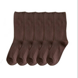 Anyfootwear 5 Pairs One Size 36-43 Brown Retro Long Knitted Socks Cotton Autumn Winter Solid Color Women Student Girls