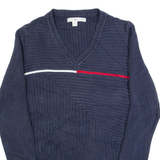 TOMMY HILFIGER Womens Jumper Blue V-Neck Tight Knit M
