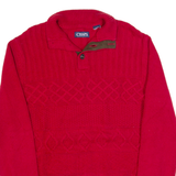 CHAPS Mens Patterned Jumper Red Button Neck Chunky Knit S