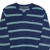 TOMMY HILFIGER Mens Patterned Jumper Blue Striped V-Neck Tight Knit M