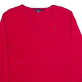 TOMMY HILFIGER Womens Jumper Red V-Neck Tight Knit XL