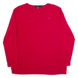 TOMMY HILFIGER Womens Jumper Red V-Neck Tight Knit XL
