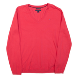 TOMMY HILFIGER Womens Jumper Pink V-Neck Tight Knit M