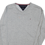 TOMMY HILFIGER Mens Jumper Grey V-Neck Tight Knit S