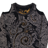 DESIGUAL Open Shoulder Womens Printed Top Black Long Sleeve Paisley XS