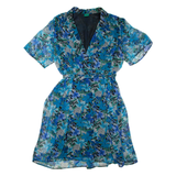 CANDA Womens Day Dress Blue Floral Short Sleeve Knee Length M