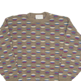 LORD JEFF Mens Patterned Jumper Brown Crazy Pattern 90s Tight Knit L