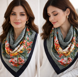 Anyyou Fashion Premium Satin Square Scarf – Romantic Floral Green Silk-Feel Neckwrap for Women