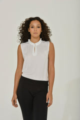White French Chiffon Sleeveless Keyhole Blouse