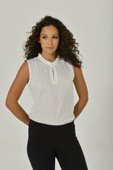 White French Chiffon Sleeveless Keyhole Blouse