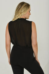 Black Ruffle Neck Keyhole Blouse