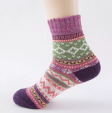 Anyfootwear 5 Pairs Size 5-9 Women Thick Warm Wool Cotton Socks Purple National Wind Flower Design Casual Winter Cozy Crew Socks Fashion Foot Accessories
