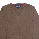 TOMMY HILFIGER Mens Jumper Brown V-Neck Tight Knit M
