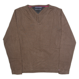 TOMMY HILFIGER Mens Jumper Brown V-Neck Tight Knit M