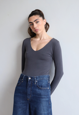 Organic Cotton V-Neck Long Sleeve T-Shirt, Charcoal