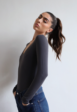 Organic Cotton V-Neck Long Sleeve T-Shirt, Charcoal