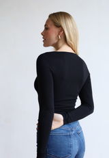 Organic Cotton V-Neck Long Sleeve T-Shirt, Black