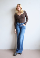 Organic Cotton V-Neck Long Sleeve T-Shirt, Hot Fudge