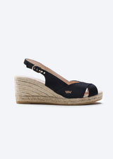Llansa Crossed Open Toe Black Canvas Slingback Women Espadrille Wedge