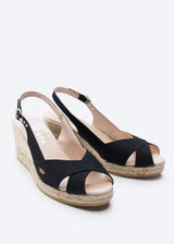 Llansa Crossed Open Toe Black Canvas Slingback Women Espadrille Sandal Wedges