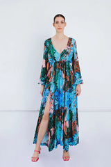 Jersey V Neck Maxi Dress in Paint Stroke Print