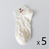 Anyfootwear 5 Pairs One Size 35-40 Women's White Cartoon Bear Print Socks Cute Animal Design Summer Casual Cotton Socks