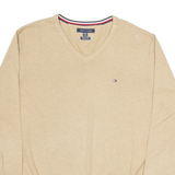 TOMMY HILFIGER Mens Jumper Brown V-Neck Tight Knit XL
