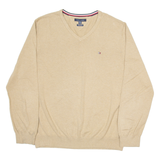 TOMMY HILFIGER Mens Jumper Brown V-Neck Tight Knit XL