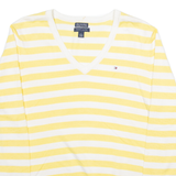 TOMMY HILFIGER Womens Patterned Jumper White Striped V-Neck Tight Knit XL