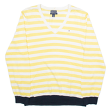 TOMMY HILFIGER Womens Patterned Jumper White Striped V-Neck Tight Knit XL