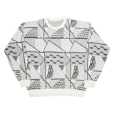 Mens Patterned Jumper White Geometric Tight Knit L
