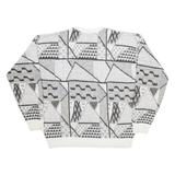 Mens Patterned Jumper White Geometric Tight Knit L