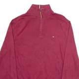 TOMMY HILFIGER Mens Jumper Maroon 1/4 Zip Tight Knit L