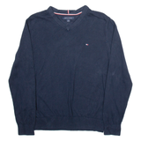 TOMMY HILFIGER Mens Jumper Blue V-Neck Tight Knit S
