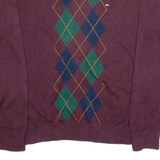 TOMMY HILFIGER Mens Patterned Jumper Maroon Argyle V-Neck Tight Knit M