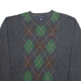 TOMMY HILFIGER Mens Patterned Jumper Grey Argyle V-Neck Tight Knit XL