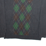 TOMMY HILFIGER Mens Patterned Jumper Grey Argyle V-Neck Tight Knit XL